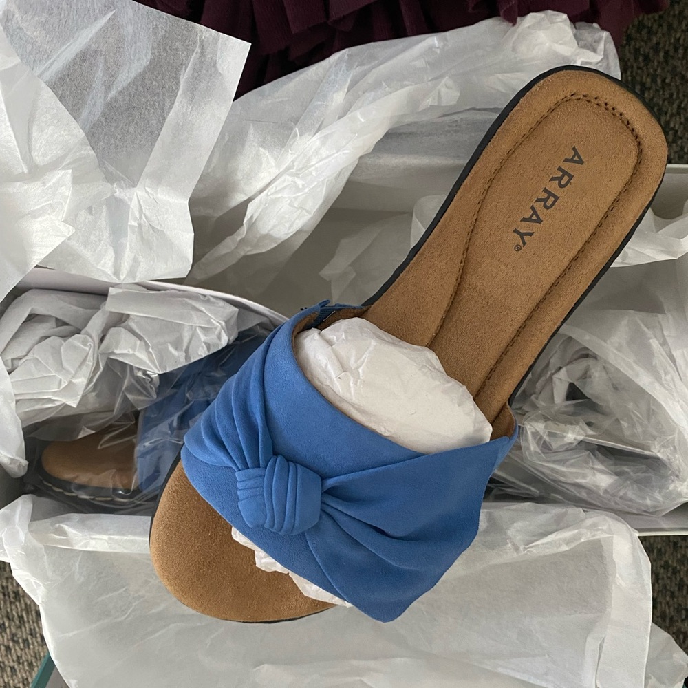 New in Box Array Blue and Tan Women's Mules